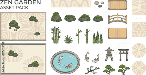 Japanese rock garden elements set with bamboo, torii gate and stone lantern