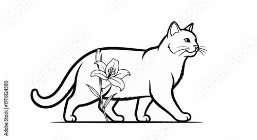 A black and white line drawing of a cat walking past a lily flower