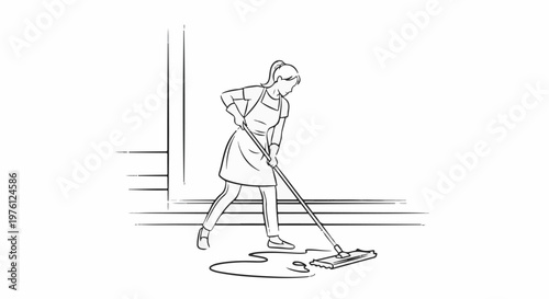 Person in apron mopping a wet floor with a long-handled mop