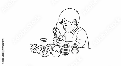 Child focused on painting decorative eggs with a brush and jar of paint