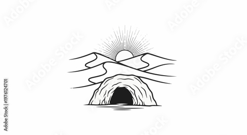 Desert cave entrance beneath sand dunes with sunburst