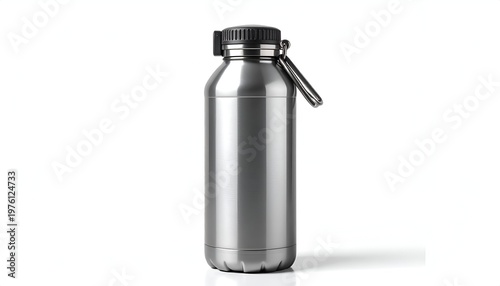Sleek, metallic water bottle stands against a white backdrop. Featuring a rounded base, a top with a carabiner, and a black lid