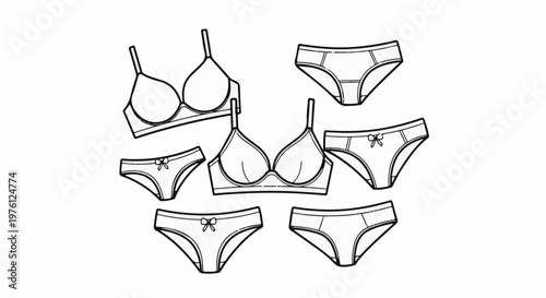 Line art illustrations of bras and matching briefs with bow accents