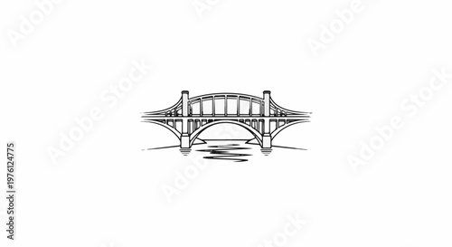 Stylized black and white line art of a stone bridge spanning a body of water