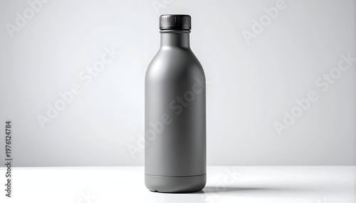 Sleek, matte-gray insulated water container with a black screw-top cap. It sits on a bright surface against a soft-focus backdrop