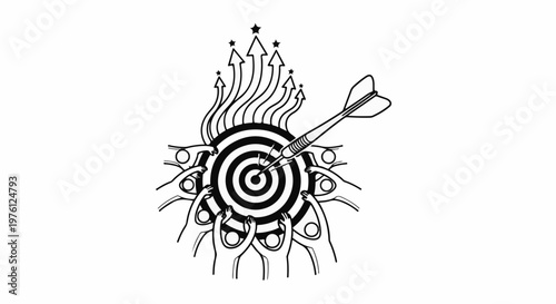 Diverse hands reach for a dartboard with a dart hitting the bullseye, arrows ascend