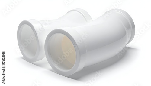 Two white, curved pipe fittings, each with an angled shape. They sit on a white surface, casting subtle shadows