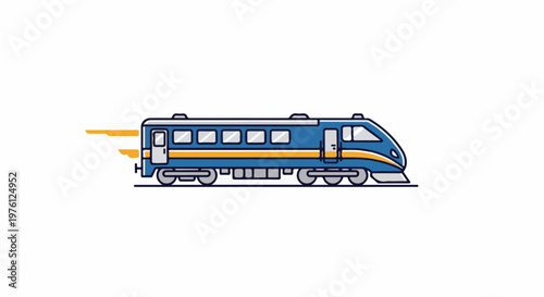 A blue and yellow bullet train speeds across a white background