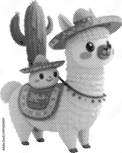 Halftone illustration of two llamas wearing cowboy hats standing side by side