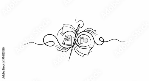 Delicate line art of sewing accessories, thimbles and a needle, elegantly arranged