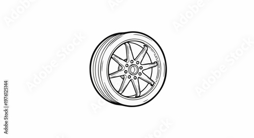 Detailed sketch of a car wheel with a multi-spoke design and rubber tire