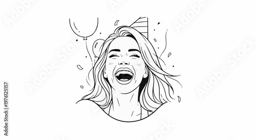 Joyful woman with long wavy hair laughing with open mouth at party