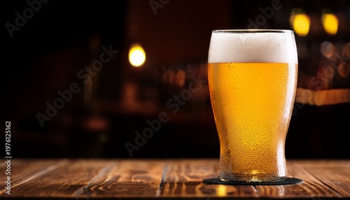 Pilsner Glass Of Light Beer On Bar Table In A Dark Pub With Copy Space Generative Ai