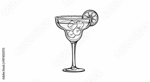 Hand-drawn illustration of a margarita cocktail with ice and lime