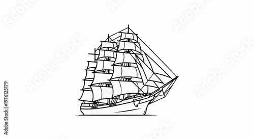 Elegant tall ship with many sails billowing in the wind