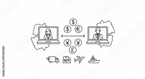 Digital exchange of goods and currency between businesses globally via technology