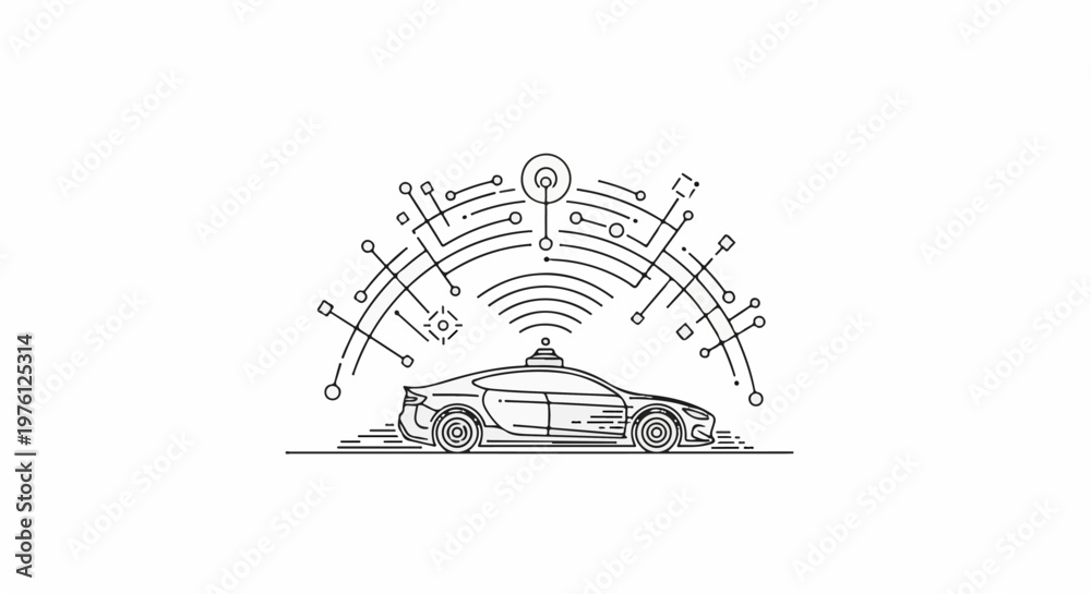 Fototapeta premium Futuristic car connected to network with signal waves and digital elements