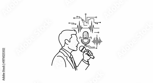Stylized outline of a man speaking into a microphone with audio waveforms