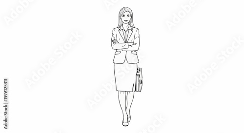 Confident woman in business suit with briefcase, arms crossed