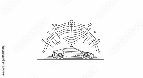 Futuristic car connected to network with signal waves and digital elements