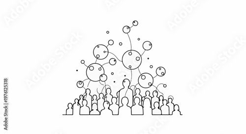 Group of simplified figures connected to abstract molecular structures