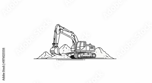 Line drawing of an excavator digging a pile of dirt on a white background