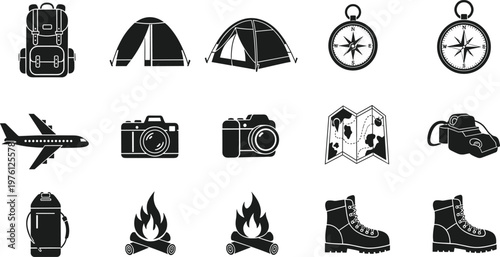 Adventure camping and travel icon set featuring backpack tent compass airplane camera map campfire and hiking boots silhouettes for outdoor exploration and tourism vector design.