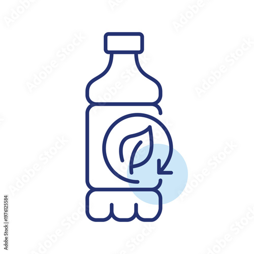 Plastic bottle, leaf in renew arrow. Sustainable packaging, green container and reusable cycle. Pixel perfect, editable stroke vector icon