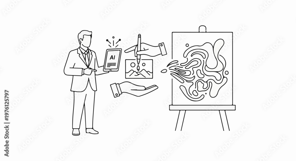 Fototapeta premium Man using AI tablet to create abstract art on a canvas with a stylus
