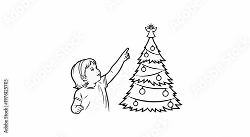 Child pointing to decorated Christmas tree with angel topper