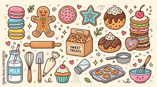A delightful collection of cute, cartoon-style baked goods and baking tools, perfect for a sweet treat theme.