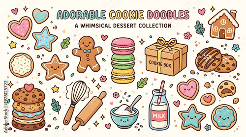 A whimsical collection of adorable cookie doodles featuring gingerbread men, macarons, decorated cookies, and baking tools, perfect for dessert-themed designs.