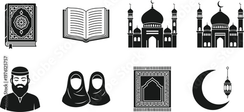 Islamic icon collection featuring Quran book mosque silhouette Muslim characters prayer rug and crescent moon with lantern for Ramadan Kareem and Eid Mubarak religious festival design.