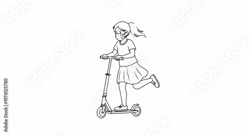 A child wearing a mask rides a scooter, active fun