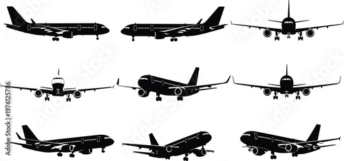 Commercial Airplane Silhouette Set Featuring Passenger Jets in Various Flight Angles Including Side View, Front View, and Takeoff Perspectives for Aviation Design and Travel Industry Graphics.