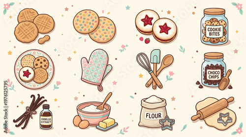 A charming collection of baking ingredients and tools, featuring cookies, vanilla, flour, eggs, butter, and kitchen utensils, all rendered in a delightful, hand-drawn style.