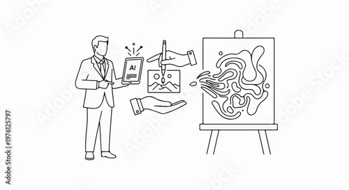Man using AI tablet to create abstract art on a canvas with a stylus