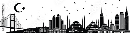 Istanbul Turkey skyline panorama with Bosphorus Bridge Blue Mosque and modern skyscrapers silhouette featuring crescent moon star and birds for Turkish travel and tourism design.