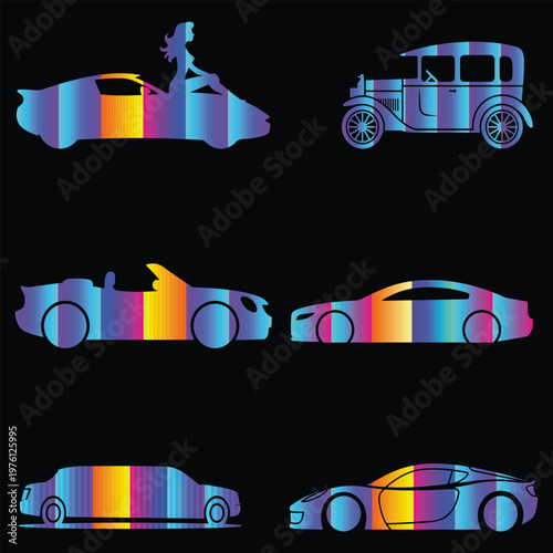 Colorful Car Silhouettes Set, Modern and Vintage Vehicles Collection, Neon Spectrum Automotive Vector Illustration.