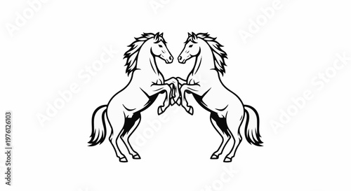 Two rearing horses in a symmetrical, outlined black and white illustration