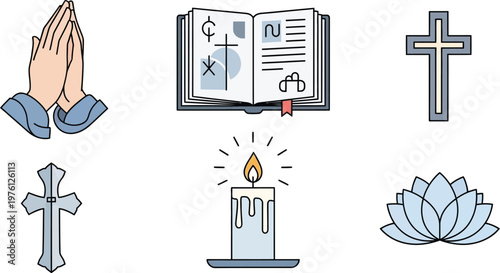 Religious icons display a collection of sacred symbols including praying hands, a holy book, crosses, a burning candle, and a lotus flower.