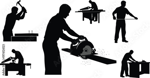 Silhouette of professional carpenters using tools including hammer, saw, measuring tape, and planer in woodworking workshop, performing precise cutting, measuring, and crafting 