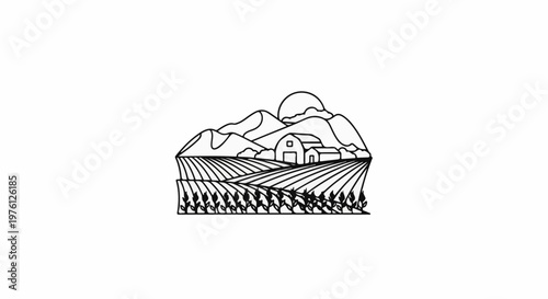 Rustic farm scene with rolling hills, barn, and cultivated fields under sun