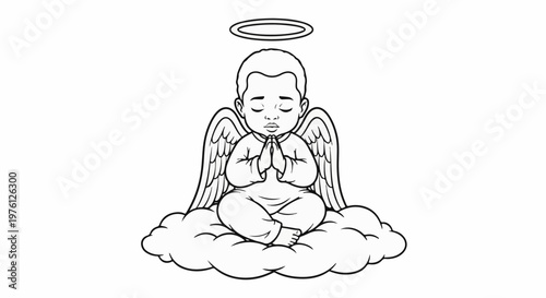 Serene baby angel with wings and halo sits peacefully on a cloud, praying