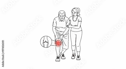 Older man with knee pain supported by a younger woman, close-up on joint