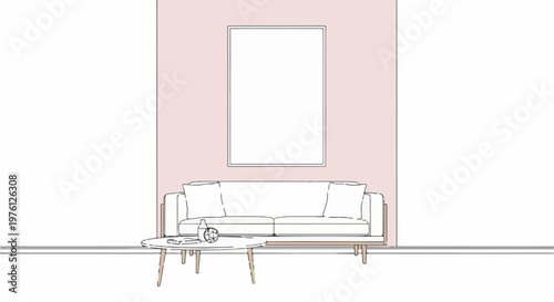 Minimalist living room with a sofa, coffee table, and artwork