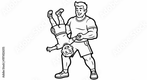 A smiling man holds a child upside down, both appear happy and energetic