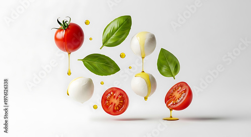 Deconstructed Caprese: Floating Tomatoes, Mozzarella, Basil & Olive Oil Drips on White
