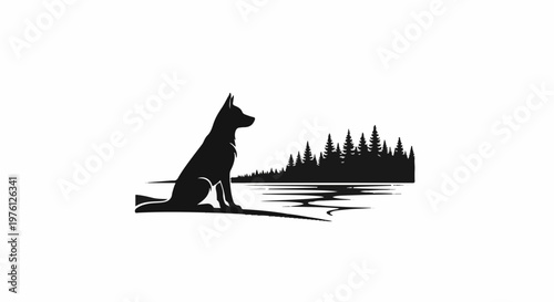 Silhouette of dog by lake with pine forest backdrop