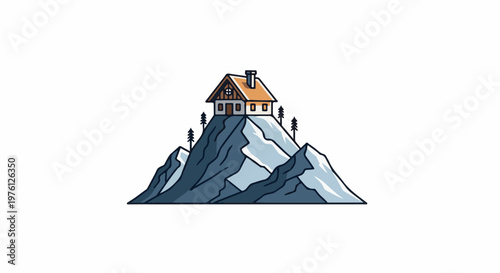 A cozy cabin sits atop a snowy mountain peak with pine trees